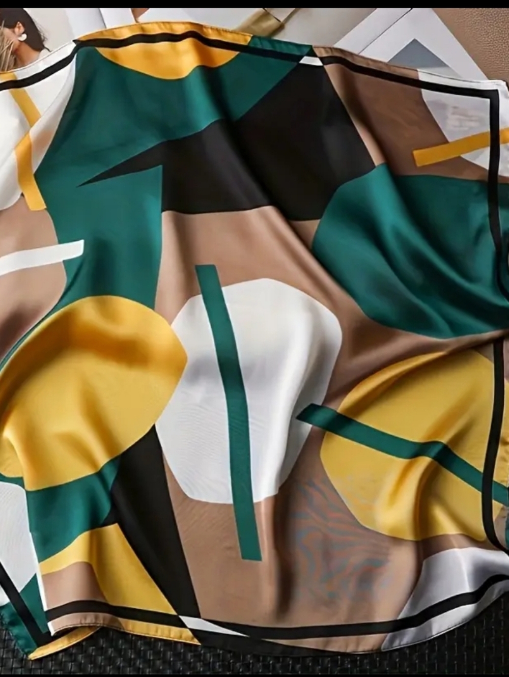 Abstract Geometric Silk-Look Scarf in Green, Yellow, White, Black - Picture 2 of 3
